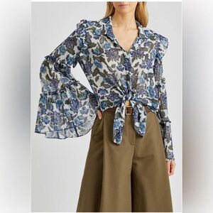 Misa Los Angeles Arya blue floral belle sleeve top NWOT